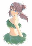  1girl ayan_ip bikini blue_eyes breasts brown_hair cleavage closed_mouth collarbone commentary cropped_torso fang fang_out from_side grass_skirt green_skirt highres leaf_bikini looking_at_viewer looking_to_the_side may_(pokemon) pokemon pokemon_adventures sidelocks simple_background skirt solo swimsuit upper_body white_background 