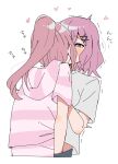  2girls amaori_haruna amaori_renako blush commentary grey_shirt hand_in_pants haru_(konomi_150) heart highres hood hoodie implied_fingering incest long_hair medium_hair multiple_girls pink_hair pink_hoodie ponytail purple_eyes shirt siblings simple_background sisters striped_clothes striped_hoodie translated trembling upper_body watashi_ga_koibito_ni_nareru_wake_naijan_murimuri! white_background yuri 
