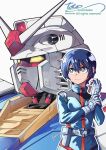  1girl absurdres adjusting_clothes adjusting_gloves alternate_universe amate_yuzuriha belt blue_bodysuit blue_hair bodysuit bright_pupils closed_mouth commentary commission earth_federation english_commentary gloves green_eyes grey_belt grey_gloves gundam gundam_gquuuuuux hair_between_eyes highres holster mecha mecha_pilot_suit mobile_suit mobile_suit_gundam normal_suit_(gundam) robot rx-78-2_gundam short_hair signature simple_background spacesuit totomics twitter_username v-fin v-shaped_eyebrows white_background white_pupils yellow_eyes 