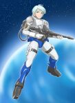  1boy alex_(microman) android aqua_eyes blue_hair chiisana_kyojin_microman:_uborg_senki_2010 closed_mouth commentary_request full_body gun highres holding holding_gun holding_weapon looking_at_viewer male_focus microman official_artist_extra oyomesandazo planet short_hair smile solo space standing star_(sky) thigh_strap weapon 