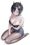  1girl absurdres ai-generated azur_lane bare_shoulders black_bra black_hair black_pantyhose blue_shorts bra breasts cleavage commentary denim denim_shorts english_commentary hair_between_eyes highres horns lace lace-trimmed_bra lace_trim large_breasts looking_at_viewer no_shoes pantyhose red_horns short_hair short_shorts shorts simple_background solo thighband_pantyhose thighs ulrich_von_hutten_(azur_lane) underwear white_background yanagi_(yan-agi) yellow_eyes 