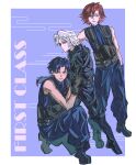  3boys absurdres aged_down angeal_hewley bare_shoulders black_boots black_coat black_gloves black_hair blue_eyes blue_pants blue_sweater boots brown_hair coat commentary final_fantasy final_fantasy_vii final_fantasy_vii:_ever_crisis full_body genesis_rhapsodos gloves green_eyes grey_hair highres looking_at_viewer male_focus multiple_boys on_one_knee pants sephiroth sephiroth_(ever_crisis) short_hair sleeveless sleeveless_turtleneck spiceetunasauce standing suspenders sweater trait_connection turtleneck turtleneck_sweater 