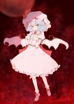  1girl absurdres back_bow bat_wings bloomers blue_hair boots bow closed_mouth collared_shirt commentary_request ei_tantan embodiment_of_scarlet_devil footwear_bow frilled_shirt_collar frilled_skirt frills full_body full_moon hat hat_ribbon highres looking_at_viewer medium_hair mob_cap moon pink_bloomers pink_boots pink_hat pink_shirt pink_skirt pointy_ears puffy_short_sleeves puffy_sleeves red_background red_bow red_eyes remilia_scarlet ribbon shirt short_sleeves single_wrist_cuff skirt skirt_set solo touhou wings wrist_cuffs zun_pose 