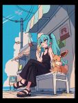  1girl alternate_costume amazu_(kurozu) aqua_hair bench black_choker black_pants black_sandals black_tank_top blue_sky breasts chimecho choker cleavage commentary crossed_legs crossover day eating eevee english_commentary food hatsune_miku highres holding holding_ice_cream_cone ice_cream ice_cream_cone latias latios long_hair multiple_scoops on_bench outdoors pants pokemon pokemon_(creature) sandals sitting sky tank_top tongue tongue_out twintails utility_pole vocaloid 
