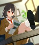  1girl blurry blurry_background blush brown_jacket brown_shoes brown_shorts chair chimi_(s2yuyukos2) closed_mouth collared_shirt commentary crossed_legs depth_of_field highres holding holding_newspaper indoors jacket long_sleeves missing_wings necktie newspaper official_alternate_costume on_chair pointy_ears red_eyes red_necktie revision shameimaru_aya shameimaru_aya_(newsboy) shirt shoes shorts sitting smile socks soles solo suit_jacket touhou white_shirt white_socks 