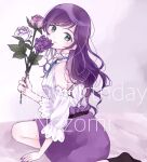  ankle_socks birthday black_socks blue_ribbon commentary_request detached_sleeves english_text flower frilled_sleeves frills green_eyes hand_on_ground happy_birthday highres long_hair love_live! love_live!_school_idol_project medium_skirt mizuko nail_polish on_ground pink_flower purple_flower purple_hair purple_skirt ribbon skirt sleeveless sleeveless_sweater smile socks sweater tojo_nozomi white_flower 
