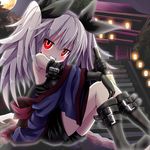  blush givuchoko gloves hair_ribbon looking_at_viewer original red_eyes ribbon silver_hair smile solo twintails weapon 