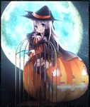  :d blue_eyes cage detached_sleeves full_moon halloween hat jack-o'-lantern little_busters! long_hair mizuno_monaka moon noumi_kudryavka open_mouth pumpkin silver_hair smile thighhighs witch_hat 