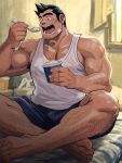  1boy absurdres ace_attorney arm_hair armpit_hair armpit_hair_peek bandaid bandaid_on_cheek bandaid_on_face barefoot bedroom black_hair blue_shorts commentary_request cross_scar dick_gumshoe eating facial_hair food goatee_stubble highres holding holding_food holding_ice_cream ice_cream indian_style leg_hair male_focus muscular muscular_male open_mouth pectoral_cleavage pectorals scar shirt short_hair shorts sitting smile solo stubble suamaru tank_top thick_eyebrows white_tank_top 