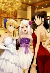  3girls ahoge artoria_pendragon_(fate) ass backless_dress backless_outfit bare_arms bare_back bare_shoulders bead_necklace beads blonde_hair blue_eyes blue_gem blue_ribbon bracelet braid brown_hair choker collarbone curtains dress elbow_gloves fate/stay_night fate_(series) flower frilled_dress frills gem gloves gold_bracelet gold_necklace green_eyes hair_between_eyes hair_flower hair_ornament hair_ribbon hand_on_own_hip high_ponytail highres illyasviel_von_einzbern indoors jewelry light_smile long_hair looking_at_viewer multiple_girls necklace official_art open_mouth outstretched_arms parted_bangs ponytail purple_choker purple_dress purple_flower purple_ribbon red_dress red_eyes red_ribbon ribbon saber_(fate) short_dress side_slit sidelocks single_braid sleeveless sleeveless_dress smile stairs strapless strapless_dress thighs third-party_source tohsaka_rin two-tone_dress waistband wavy_hair white_dress white_gloves white_hair 