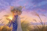  1girl absurdres animal_hat blonde_hair blue_tabard blush breasts closed_mouth cloud commentary_request dress fox_tail frilled_sleeves frills hair_between_eyes hat highres kitsune long_sleeves looking_at_viewer mob_cap multiple_tails outdoors short_hair small_breasts smile solo sun tabard tail toorooo touhou wheat white_dress white_hat wide_sleeves yakumo_ran yellow_eyes 