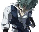  1boy artist_name belt belt_collar black_belt black_gloves buttons choker collar collarbone collared_shirt commentary earrings english_commentary fingerless_gloves genshin_impact gloves green_hair hair_between_eyes highres jewelry lapels lohen_(genshin_impact) lohen_(standardized_test)_(genshin_impact) male_focus mole mole_under_eye mucithy multicolored_eyes official_alternate_costume open_collar pinstripe_pattern pinstripe_vest shirt short_hair single_earring smile solo unbuttoned_vest upper_body vest waistcoat white_background white_shirt 