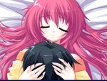  1girl bed blush downhill_night emily_(artist) emily_(pure_dream) eyes_closed happy konosaki_michi long_hair lying pink_hair ribbon ribbon_hair top_(company) 