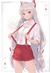  1girl :p absurdres adapted_costume bow breasts closed_mouth collared_shirt commentary_request fujiwara_no_mokou grey_hair hair_bow highres long_hair looking_at_viewer multiple_hair_bows red_eyes red_shorts shirt shorts sleeves_rolled_up small_breasts smile solo suspender_shorts suspenders thighs tinatama tongue tongue_out touhou very_long_hair white_shirt 
