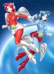  2girls ahoge alice_(microman) android ann_(microman) blue_eyes blue_hair breasts chiisana_kyojin_microman:_uborg_senki_2010 closed_mouth commentary_request full_body highres leg_wings looking_at_viewer mechanical_wings medium_breasts microman miniskirt mole mole_under_eye multiple_girls official_artist_extra open_mouth outstretched_arm oyomesandazo planet red_eyes red_hair red_skirt robot_ears short_hair skirt smile space star_(sky) white_skirt wings 