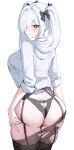  1girl absurdres alternate_costume ass black_bow black_garter_straps black_thighhighs bow bright_pupils butt_crack cinderella_(nikke) commentary_request dori_(choejeongmin7) garter_belt garter_straps goddess_of_victory:_nikke hair_bow hair_over_one_eye hands_on_own_ass highres korean_commentary long_hair long_sleeves looking_at_viewer looking_back one_eye_covered pantyhose red_eyes shirt simple_background sleeves_rolled_up solo thighhighs torn_clothes torn_pantyhose white_background white_hair white_shirt 