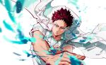  1boy aoba_johsai_volleyball_uniform black_hair chinese_commentary closed_mouth commentary_request haikyuu!! highres iwaizumi_hajime jacket jacket_on_shoulders male_focus parted_lips short_hair simple_background solo spiked_hair sportswear teeth track_jacket upper_body volleyball_uniform watermark weibo_username weibo_watermark white_background white_jacket yuan_jessie0430 
