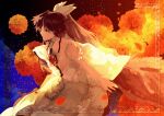  1girl backlighting bloom bow brown_eyes brown_hair cape chest_eye commentary_request control_rod_(touhou) cowboy_shot falling_petals feathered_wings floating_clothes flower frilled_shirt frills from_side glowing hair_bow high_contrast highres leaning_forward light_particles long_hair looking_ahead medium_skirt orange_flower oversized_wings petals ponytail puffy_short_sleeves puffy_sleeves reiuji_utsuho shirt short_sleeves skirt solo starry_sky_print touhou uninosono warm_colors watercolor_effect white_shirt wings 