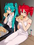  2girls absurdres ahoge aqua_eyes aqua_hair bare_shoulders black_suit blush breasts cable collarbone commentary dress drill_hair eating electrical_outlet elpipe_3000 english_commentary food hair_between_eyes hatsune_miku highres indoors jewelry kasane_teto lapels long_hair looking_at_viewer looking_to_the_side medium_breasts multiple_girls number_tattoo pizza pizza_box pizza_slice red_eyes red_hair ring shirt short_hair shoulder_tattoo sitting sleeveless sleeveless_dress suit tattoo twin_drills twintails utau vocaloid wedding_dress wedding_ring white_dress white_shirt wife_and_wife wooden_floor yuri 