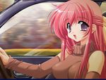  1girl breasts car detached_sleeves downhill_night driving emily_(artist) emily_(pure_dream) hair_ribbon konosaki_michi large_breasts long_hair motor_vehicle pink_hair purple_eyes ribbon top_(company) vehicle 