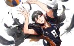  1boy arms_up ball black_feathers black_hair black_jacket commentary_request falling_feathers feathers haikyuu!! highres jacket jacket_on_shoulders kageyama_tobio karasuno_volleyball_uniform male_focus short_hair simple_background solo sportswear volleyball_(object) volleyball_uniform watermark weibo_username weibo_watermark white_background yuan_jessie0430 