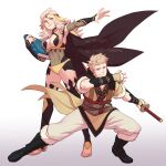  1boy 1girl ahoge armpits black_boots blonde_hair bodystocking book boots breasts bridal_gauntlets cape circlet cleavage faithom father_and_child father_and_daughter fingerless_gloves fire_emblem fire_emblem_awakening fire_emblem_fates full_body fur-trimmed_sleeves fur_trim gloves gold_cape gradient_background grey_eyes highres hip_armor holding holding_book holding_sword holding_weapon long_hair looking_at_viewer medium_breasts open-toe_shoes ophelia_(fire_emblem) outstretched_arm owain_(fire_emblem) panties parent_and_child short_hair short_sleeves simple_background smile sword thighs underwear weapon white_background yellow_panties 