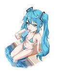  1girl aqua_eyes aqua_hair bikini breasts commentary english_commentary food hatsune_miku highres licking long_hair makotogab micro_bikini pool popsicle simple_background small_breasts solo swimsuit twintails vocaloid 