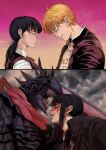  1boy 2girls armor black_armor black_cape black_hair black_ribbon blonde_hair blood cape chainsaw chainsaw_devil chainsaw_man collared_shirt commentary demon demon_horns denji_(chainsaw_man) dress english_commentary evil_smile fourth_east_high_school_uniform highres horns intestine_clothing jacket looking_at_another mitaka_asa multiple_girls neck_ribbon normov open_clothes open_jacket orange_eyes pinafore_dress pochita_(chainsaw_man) ponytail red_eyes ribbon ringed_eyes scar scar_on_cheek scar_on_face scar_on_nose school_uniform sharp_teeth shirt sidelocks sleeveless sleeveless_dress smile staring t-shirt teeth twintails yoru_(chainsaw_man) 