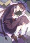  1girl absurdres blush book box braid brown_hair brown_shoes cardboard_box collared_shirt commentary_request danganronpa:_trigger_happy_havoc danganronpa_(series) donidemonare000 fingernails from_above fukawa_toko full_body glasses highres holding holding_book loafers long_hair long_skirt long_sleeves lying neckerchief open_book purple_serafuku purple_shirt purple_skirt red_neckerchief round_eyewear sailor_collar school_uniform serafuku shirt shoes signature skirt skirt_set socks solo twin_braids twintails twitter_username very_long_hair white_sailor_collar white_socks 