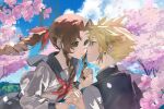  1boy 1girl aerith_gainsborough black_jacket blonde_hair blue_eyes blue_sky braid braided_ponytail breasts cherry_blossoms closed_mouth cloud cloud_strife cloudy_sky collared_shirt commentary_request couple earrings enju_clerith final_fantasy final_fantasy_vii flower gakuran green_eyes grey_sailor_collar grey_skirt hair_between_eyes hair_ribbon hetero highres holding_hands interlocked_fingers jacket jewelry looking_at_another medium_breasts neckerchief noses_touching outdoors parted_bangs pink_flower pink_ribbon red_neckerchief ribbon sailor_collar school_uniform shirt short_hair sidelocks single_braid single_earring skirt sky smile spiked_hair upper_body white_shirt 
