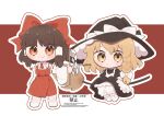  2girls apron ascot black_dress black_hat blonde_hair bloomers bow braid broom broom_riding brown_eyes brown_hair chibi chibi_only closed_mouth commentary_request detached_sleeves dress embodiment_of_scarlet_devil full_body gohei hair_bow hair_tubes hakurei_reimu hat hat_bow highres holding holding_gohei kirisame_marisa long_hair looking_at_viewer multiple_girls official_alternate_costume outline red_ascot red_bow red_skirt ribbon-trimmed_sleeves ribbon_trim side_braid single_braid skirt skirt_set smile touhou twitter_username uzuki_(amayadori) watermark white_apron white_bloomers white_bow white_outline witch_hat yellow_eyes 