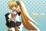  1girl 2000s_(style) absurdres akita_neru black_skirt black_thighhighs blonde_hair blush character_name collared_shirt cowboy_shot detached_sleeves hair_between_eyes highres necktie pointing pointing_at_viewer polka_dot polka_dot_background satokocel shirt side_ponytail skirt solo spread_legs thighhighs tsurime vocaloid yellow_eyes yellow_necktie 