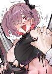  1boy 1girl above-cleavage_cutout absurdres bare_shoulders belt black_gloves black_horns black_liquid black_nails black_shirt blood blush breasts chest_belt clothing_cutout commentary_request crop_top earclip earrings eggy_(58626635) elbow_gloves fingerless_gloves gloves goddess_of_victory:_nikke grabbing_another's_breast groping hair_between_eyes hair_over_one_eye highres horns jewelry large_breasts liquid_clothes looking_at_viewer navel nose_blush nosebleed o-ring o-ring_belt one_side_up open_mouth pink_hair red_eyes rigging shirt short_hair sideboob sidelocks simple_background single_horn sleeveless sleeveless_shirt solo_focus stomach white_background ziz_(nikke) 