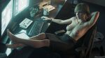  1girl arm_behind_head artist_name barefoot black_skirt blonde_hair breasts chair clothes_on_floor coffee_mug commentary computer computer_keyboard computer_mouse crossed_legs cup english_commentary feet high-waist_skirt highres medium_breasts monitor mousepad_(object) mug nipples office_chair pencil_skirt resident_evil resident_evil_requiem sherry_birkin shirt shoes sitting skirt solo swivel_chair toes topless_female unworn_shirt unworn_shoes wayward3d 