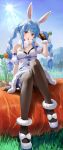  1girl :o absurdres animal_ear_fluff animal_ears ankle_garter arm_up black_gloves black_leotard blue_hair blue_sky bow braid breasts bright_pupils brown_pantyhose carrot carrot_hair_ornament cleavage clothing_cutout coat_dress colored_shoe_soles commentary_request creature cutout_above_navel day detached_sleeves don-chan_(usada_pekora) dot_nose double-parted_bangs dress extra_ears eyebrows_hidden_by_hair eyes_visible_through_hair foliage food-themed_hair_ornament footwear_bow frilled_thigh_strap full_body fur-trimmed_dress fur-trimmed_gloves fur_scarf fur_trim gloves grass hair_between_eyes hair_bow hair_ornament highres hikimayu holding holding_carrot hololive knee_up knees_together_feet_apart lens_flare leotard leotard_under_clothes long_hair long_sidelocks looking_at_viewer loose_hair_strand mary_janes mountainous_horizon multicolored_dress multicolored_hair open_mouth orange_eyes outdoors oversized_food oversized_object pantyhose pine_tree playboy_bunny pom_pom_(clothes) puffy_short_sleeves puffy_sleeves rabbit rabbit-shaped_pupils rabbit_ears rabbit_girl scarf shoes short_eyebrows short_sleeves sidelocks sitting sitting_on_food sky small_breasts solo strapless strapless_leotard sun suru_(seiya) symbol-shaped_pupils teeth thick_eyebrows thigh_strap tree twin_braids two-tone_hair underbust upper_teeth_only usada_pekora usada_pekora_(1st_costume) virtual_youtuber white_bow white_dress white_hair white_pupils white_scarf white_shoes white_sleeves 