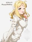  1girl ass birthday blonde_hair blush breasts commentary dated english_text hair_rings highres kyaku_tasu large_breasts long_sleeves looking_at_viewer love_live! love_live!_sunshine!! medium_hair ohara_mari sidelocks signature single_hair_ring watermark yellow_eyes 