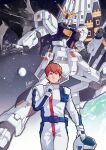  1boy amuro_ray axis_(gundam) blue_eyes bodysuit brown_hair char's_counterattack commentary cowboy_shot earth_(planet) english_commentary fin_funnels green_eyes gundam helmet holding holding_unworn_helmet mecha mecha_pilot_suit mobile_suit moon normal_suit_(gundam) nu_gundam outstretched_arm pilot_helmet planet robot science_fiction short_hair signature space space_helmet spacesuit standing star_(sky) totomics unworn_headwear unworn_helmet v-fin v-shaped_eyebrows white_bodysuit 
