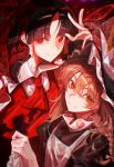  2girls absurdres apron ascot black_dress blonde_hair bow braid brown_hair chayo_bababa closed_mouth commentary_request detached_sleeves dress embodiment_of_scarlet_devil hair_bow hair_tubes hakurei_reimu hat highres kirisame_marisa long_hair looking_at_viewer multiple_girls official_alternate_costume orange_eyes red_bow red_eyes side_braid single_braid smile touhou watermark white_apron white_bow witch_hat 