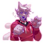  1boy :d animal_hands animification antenna_hair bandage_on_cheek bell brown_hair cat_boy cat_tail claws collar commentary cropped_torso drawstring eddsworld english_commentary hair_ears hood hood_down hoodie jingle_bell kemonomimi_mode long_sleeves looking_at_viewer male_focus open_mouth paw_pose pawpads red_collar red_hoodie short_hair simple_background smile solo sparkle spiked_collar spikes tail tord_(eddsworld) white_background xuxmo 