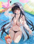  1girl absurdres arme_(cgsy7484) bikini black_bikini black_hair blush breasts cleavage collarbone day dog english_commentary highres holding holding_unworn_clothes holding_unworn_necktie inflatable_flamingo large_breasts leash lens_flare long_hair long_sleeves mismatched_bikini multicolored_hair nail_polish navel necktie open_mouth original outdoors pool purple_hair red_eyes red_necktie see-through_clothes see-through_shirt shirt sidelocks skindentation smile standing swimsuit thighs two-tone_hair unworn_necktie very_long_hair wading wet white_bikini white_shirt 