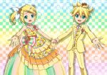  1boy 1girl blonde_hair cherry commentary cupcake dress food fruit holding_hands kagamine_len kagamine_rin looking_at_viewer outstretched_arms puumint reaching reaching_towards_viewer suit vocaloid yellow_dress yellow_suit 