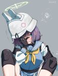  1girl absurdres animal_ear_helmet animal_helmet biting_own_lip black_gloves blue_archive blush breasts combat_helmet commentary_request covering_face covering_one_eye gloves green_eyes grey_background halo helmet highres hizikit implied_handjob knee_pads knees_up large_breasts looking_to_the_side motion_lines neckerchief one_eye_covered out-of-frame_censoring out_of_frame purple_hair raglan_sleeves saki_(blue_archive) school_uniform serafuku short_hair sideways_glance simple_background solo spoken_squiggle spread_legs squiggle stahlhelm tactical_school_uniform white_helmet yellow_neckerchief 