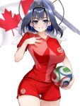  1girl 2026_fifa_world_cup alternate_costume ball black_hair blue_eyes breasts canadian_flag commentary cowboy_shot english_commentary hair_intakes halo highres holding holding_ball hololive hololive_english ouro_kronii red_shirt red_shorts shirt short_hair shorts simple_background soccer soccer_ball soccer_uniform sportswear trionda uduki2025 virtual_youtuber white_background world_cup 