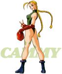  90s antenna_hair beret blonde_hair blue_eyes boots braid cammy_white combat_boots elbow_gloves fingerless_gloves gloves green_leotard hat hat_removed headwear_removed leotard long_hair murase_shuko official_art scar solo street_fighter street_fighter_ii_(series) thong_leotard twin_braids v 