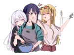  !? 3girls absurdres ahoge android apron blonde_hair blue_hair blush bowl cho_kaguya-hime! colored_inner_hair commentary_request drooling green_eyes grey_apron highres holding holding_bowl kaguya_(cho_kaguya-hime!) kui_ckuqiz logo mouth_drool multicolored_hair multiple_girls nail_polish open_mouth orange_nails pink_hair purple_nails runami_yachiyo sakayori_iroha shirt simple_background whisk white_background white_hair white_shirt 