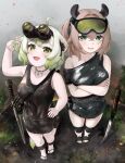  2girls absurdres ahoge alternate_costume animal_ears black_dress breasts brown_dress brown_hair commentary crossed_arms dimensionless88 dirt dress english_commentary feet ferret_ears ferret_girl ferret_tail goggles goggles_on_head gradient_hair grass green_eyes green_hair green_nails hair_between_eyes hair_intakes highres indie_virtual_youtuber jewelry leather_dress legs limealicious looking_at_viewer multicolored_hair multiple_girls necklace nimi_nightmare open_mouth sandals short_side_ponytail side_ponytail smile standing sword tapir_ears tapir_girl vinesauce virtual_youtuber weapon white_hair 