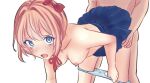  1boy 1girl blue_eyes blue_skirt bow breasts cinmeowi commentary doggystyle doki_doki_literature_club hair_bow heart heart-shaped_pupils hetero neck_ribbon nipples open_mouth panties panty_pull pink_hair pleated_skirt pussy_juice pussy_juice_stain pussy_juice_trail red_bow red_ribbon ribbon sayori_(doki_doki_literature_club) self-upload sex sex_from_behind short_hair skirt small_breasts symbol-shaped_pupils underwear vaginal wet wet_clothes wet_panties white_panties 