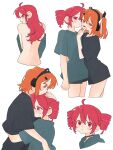  2girls a.i._voice adachi_rei ahoge alternate_costume arm_around_another's_waist back black_shirt commentary drill_hair from_behind grey_shirt hair_down hair_ribbon headphones highres hug kasane_teto komori_kamome long_hair looking_at_viewer looking_back medium_hair multiple_girls nude one_side_up orange_eyes orange_hair red_eyes red_hair ribbon shirt short_shorts short_sleeves shorts simple_background t-shirt twin_drills untranslatable_commentary utau white_background white_ribbon yuri 