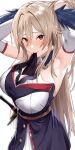  1girl absurdres arm_behind_head armpit_focus armpits arms_up belt blush breasts bridal_gauntlets brown_belt brown_hair cleavage cleavage_cutout clothing_cutout commentary_request criss-cross_halter dress furen_e_lustario furen_e_lustario_(1st_costume) hair_between_eyes hair_intakes halterneck highres large_breasts long_hair looking_at_viewer mouth_hold nijisanji red_eyes ribbon ribbon_in_mouth simple_background sleeveless sleeveless_dress solo sword totoki86 tying_hair virtual_youtuber weapon white_background 