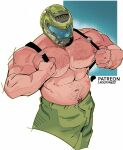  1boy abs arm_belt arms_up bara belt black_belt broad_shoulders chest_hair collarbone commentary doom_(series) doomguy english_commentary green_helmet green_pants helmet highres jaxcian large_pectorals male_focus male_pubic_hair muscular muscular_male navel nipples o-ring pants pectorals pubic_hair scar scar_on_arm scar_on_shoulder solo strongman_waist 